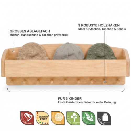 Große Kindergarderobe VERONA aus Erlenholz mit Feature-Infografik und original Holzspielzeug Peitz Gütesiegeln Handwerk, Natur, Nachhaltigkeit.